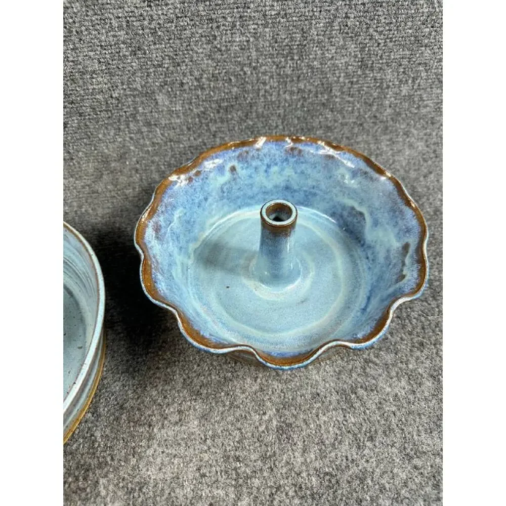 Handmade Ceramic Cake Stand Pedestal Pie Dessert Plate Blue Glaze Set of 2